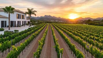 A vineyard field with a house and mountains in the background photo