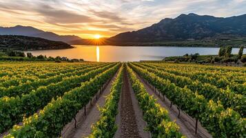 A vineyard field with the sun setting over it photo