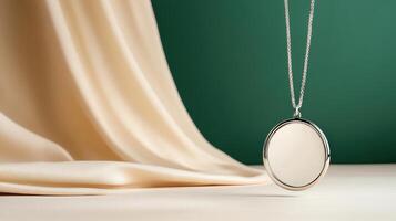 A silver pendant with a mirror on a table photo