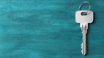 A key is shown on a blue wall photo