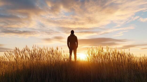 A man standing in a field at sunset photo