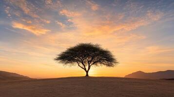 A lone tree stands in the middle of a desert at sunset photo