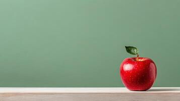 A red apple sitting on a wooden table with a green background photo