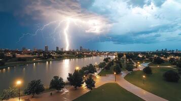 Lightning strikes over a city skyline with a river and trees photo