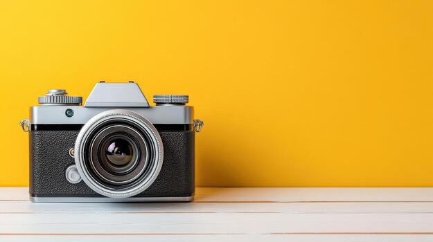 An old camera on a yellow background photo