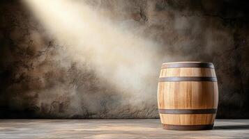 A wooden barrel in front of a wall with light shining through photo