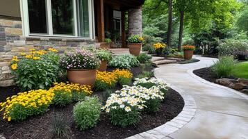 A flower garden with potted plants and flowers photo