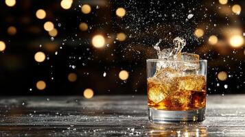 A glass of whiskey with ice and a splash of water photo