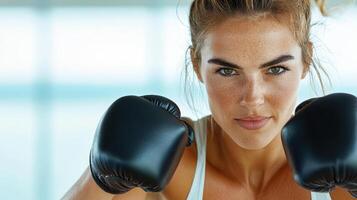 A woman in boxing gloves is posing for the camera photo