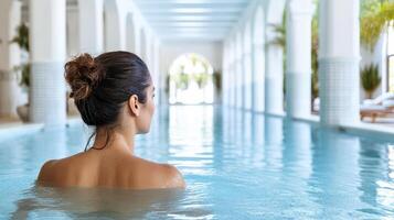 A woman in a swimming pool at a resort photo