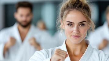 A woman in karate gear is posing for the camera photo