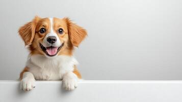 A dog is standing on a white wall with his tongue out photo