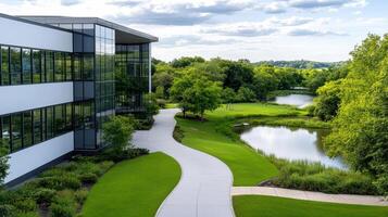 A walkway leads to a building with a pond in the middle photo
