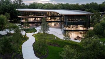 The building is surrounded by trees and grass photo