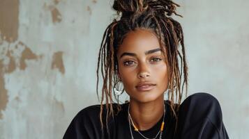 A woman with dreadlocks sitting in front of a wall photo