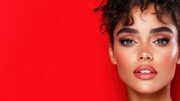 Beautiful woman with curly hair and makeup on red background photo