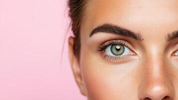 A woman with green eyes and a pink background photo