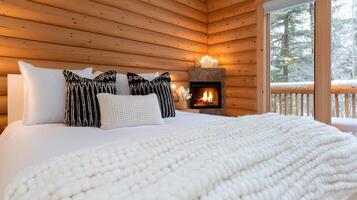 A bed in a log cabin with a fireplace photo