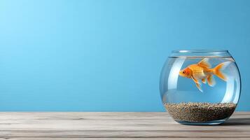 Goldfish in aquarium on wooden table photo