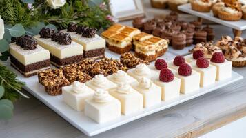 A table topped with desserts and flowers photo