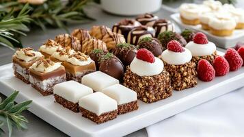 A tray of desserts on a table with a white tablecloth photo
