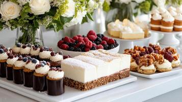 A buffet table with various desserts and flowers photo