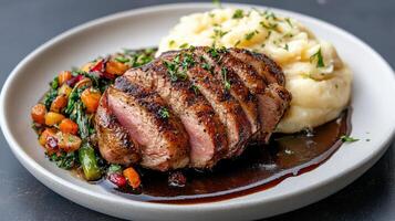 A plate with meat, mashed potatoes and vegetables photo