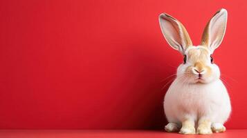 A white rabbit with big ears on a red background photo