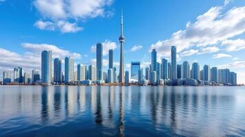 The toronto skyline is reflected in the water photo