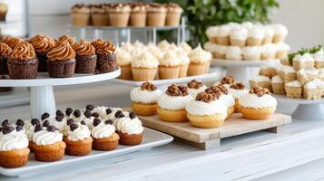 A buffet table with many different types of cupcakes photo