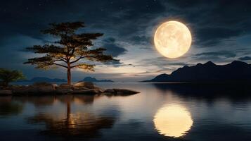 A full moon is shining over a lake at night photo