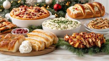 A variety of food items including bread, meat, and vegetables photo