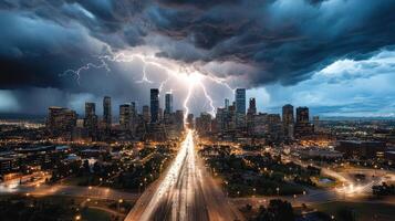 A city with lightning and storm clouds over it photo