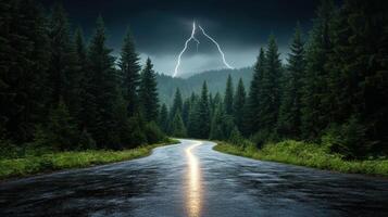 A road with a lightning bolt coming out of the sky photo