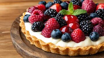 A tart with berries and cream on a wooden table photo
