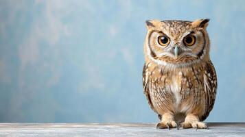An owl sitting on a wooden table photo