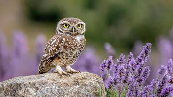 An owl sitting on a rock in front of lavender flowers photo