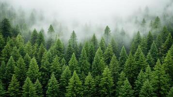 Lush green coniferous trees in foggy landscape create serene atmosphere photo