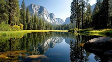 serene lake reflects majestic mountains and tall trees in nature photo