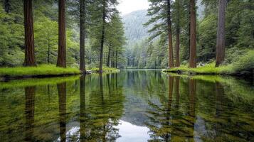 Tranquil lake reflecting tall sequoia trees in serene forest setting photo