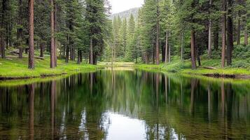 serene lake surrounded by tall trees reflecting in calm water photo