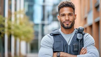 confident police officer in tactical vest stands outdoors, showcasing community safety photo
