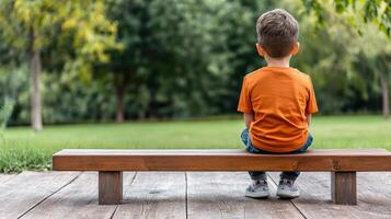 child sitting on wooden bench, looking at green park landscape photo