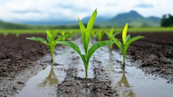 Newly sprouted plants in wet soil, showcasing agricultural growth photo