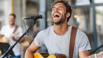 Joyful musician singing passionately with guitar on stage, creating vibrant atmosphere photo
