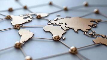 image showcases world map connected by network of lines and nodes, symbolizing global photo