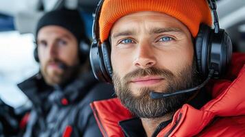 Two men wearing headsets in a helicopter photo