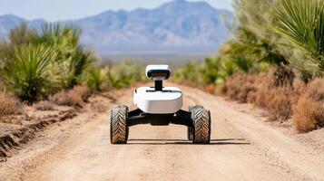 A robot driving down a dirt road with palm trees in the background photo