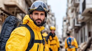 A man in yellow safety gear walking down a street photo