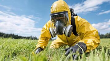 A man in a yellow suit and gas mask is in a field photo